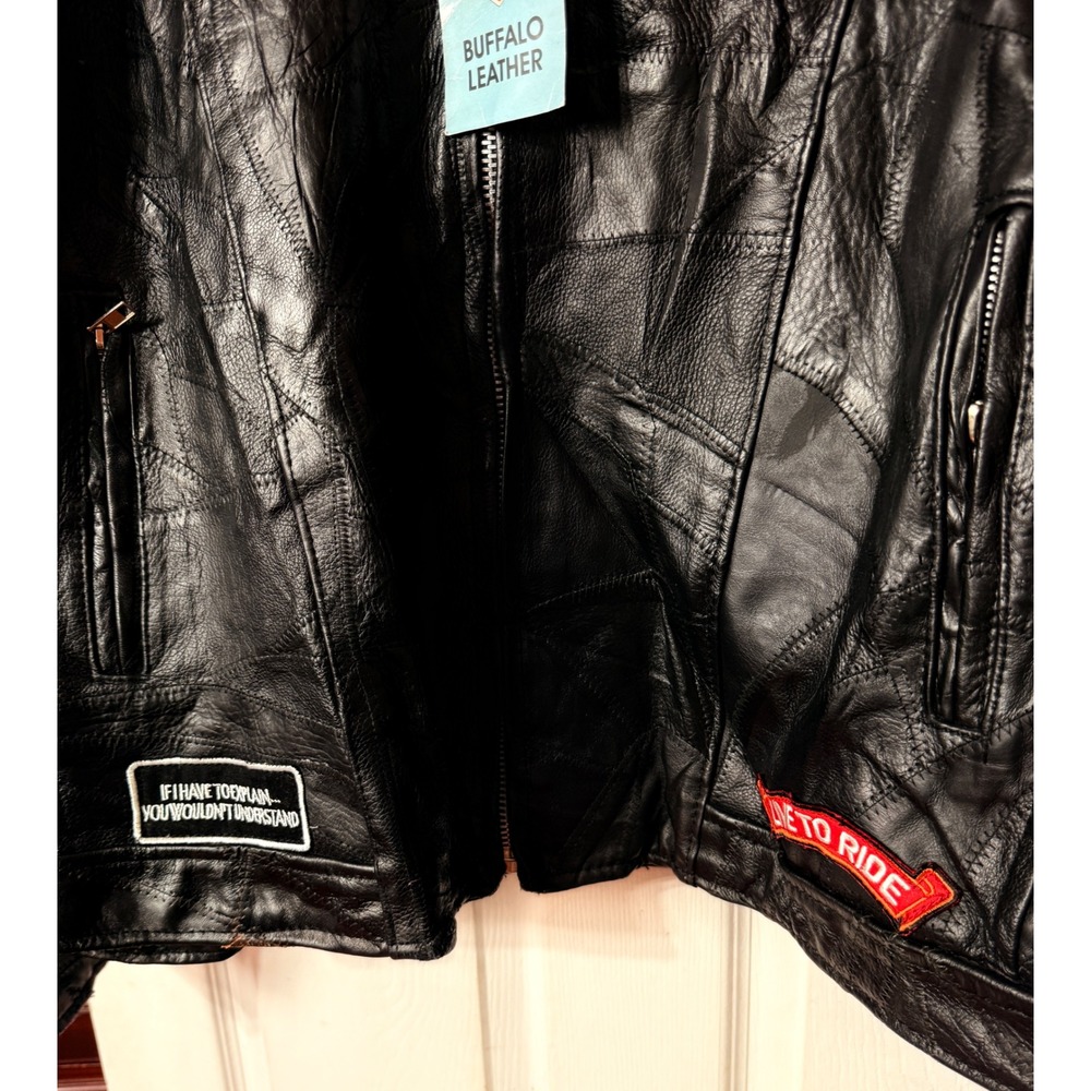 Diamond Plate Buffalo Leather Biker Jacket Mens XL Patchwork Live To Ride Eagle - Picture 4 of 15